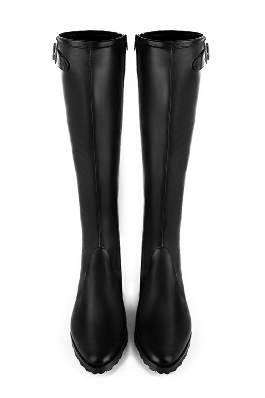 Satin black women's knee-high boots with buckles. Round toe. Flat rubber soles. Made to measure. Top view - Florence KOOIJMAN